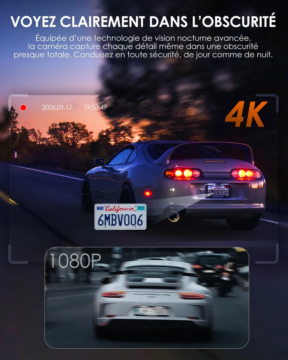 iZEEKER Dashcam Voiture 3 Canaux 4K avec Carte SD 32 Go, 4K+1080P+1080P Avant, Arrière et Intérieur, WDR, Vision Nocturne IR, WiFi 6, 170°, Enregistrement Boucle, Capteur G, Mode Parking 24H