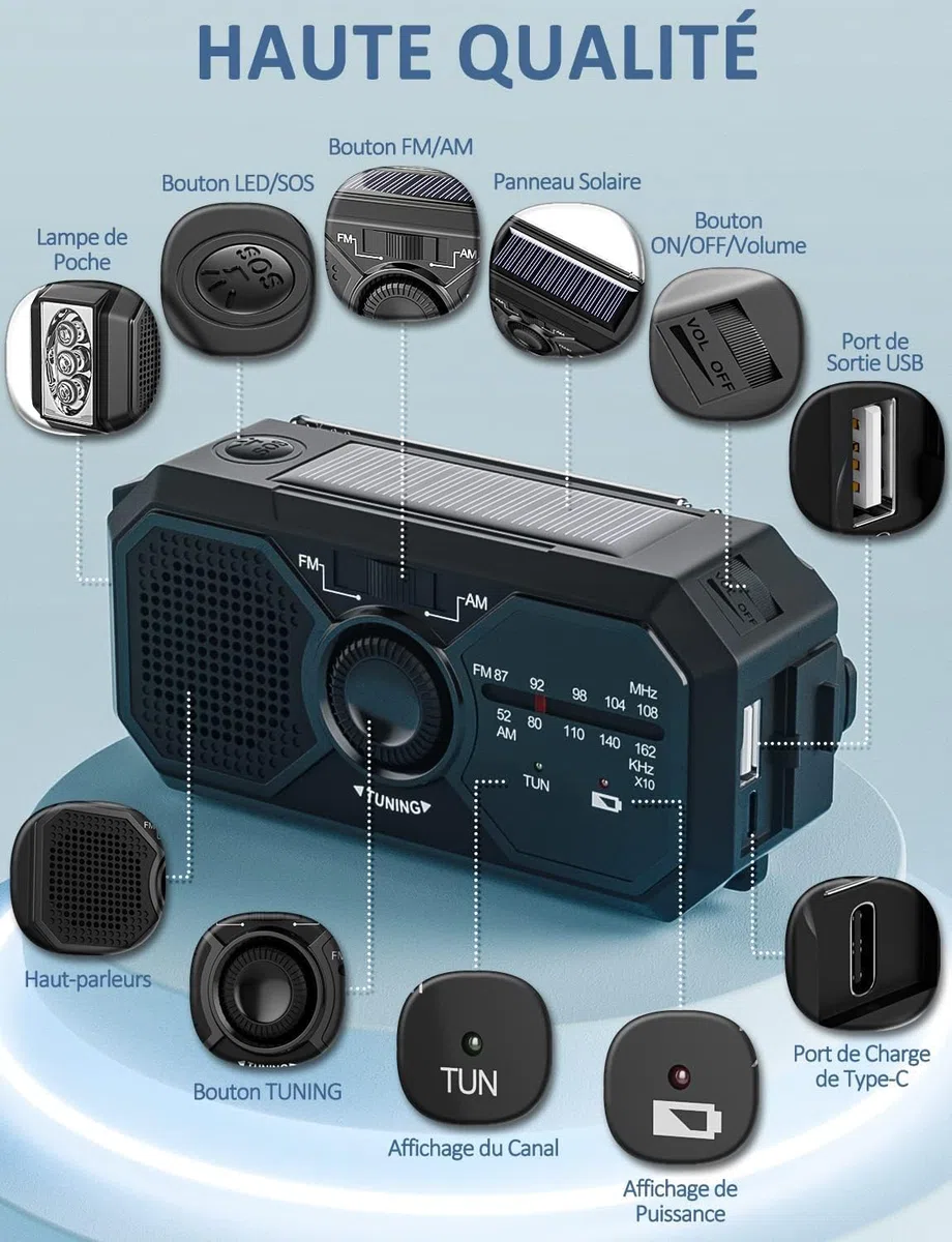 UOHHBOE Radio Portable Manivelle Radio Solaire Survie AM/FM Petit Dynamo USB-C 2500mAh Rechargeable avec Lampe de Poche LED Alarme SOS Boussole pour Urgence Extérieure Randonnée Camping
