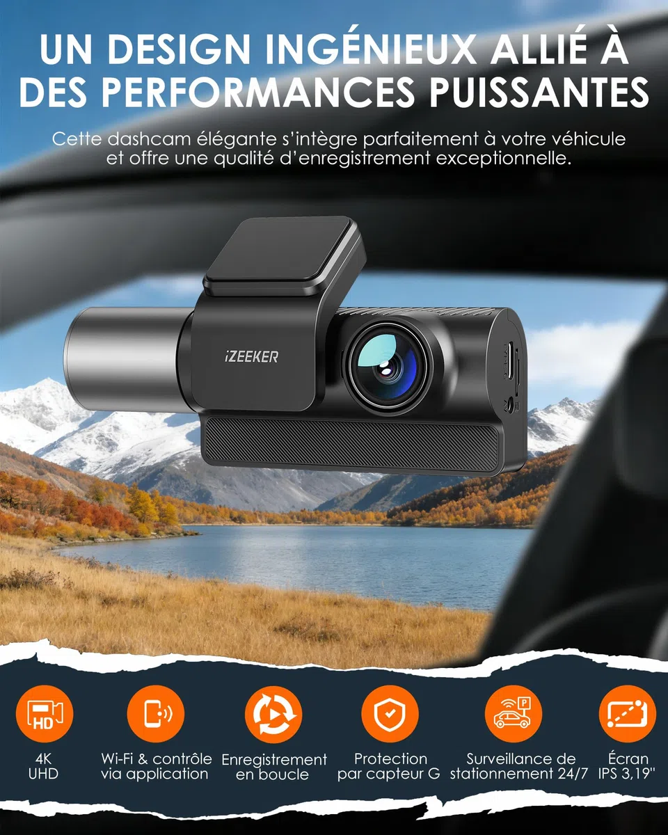 iZEEKER Dashcam Voiture 3 Canaux 4K avec Carte SD 32 Go, 4K+1080P+1080P Avant, Arrière et Intérieur, WDR, Vision Nocturne IR, WiFi 6, 170°, Enregistrement Boucle, Capteur G, Mode Parking 24H