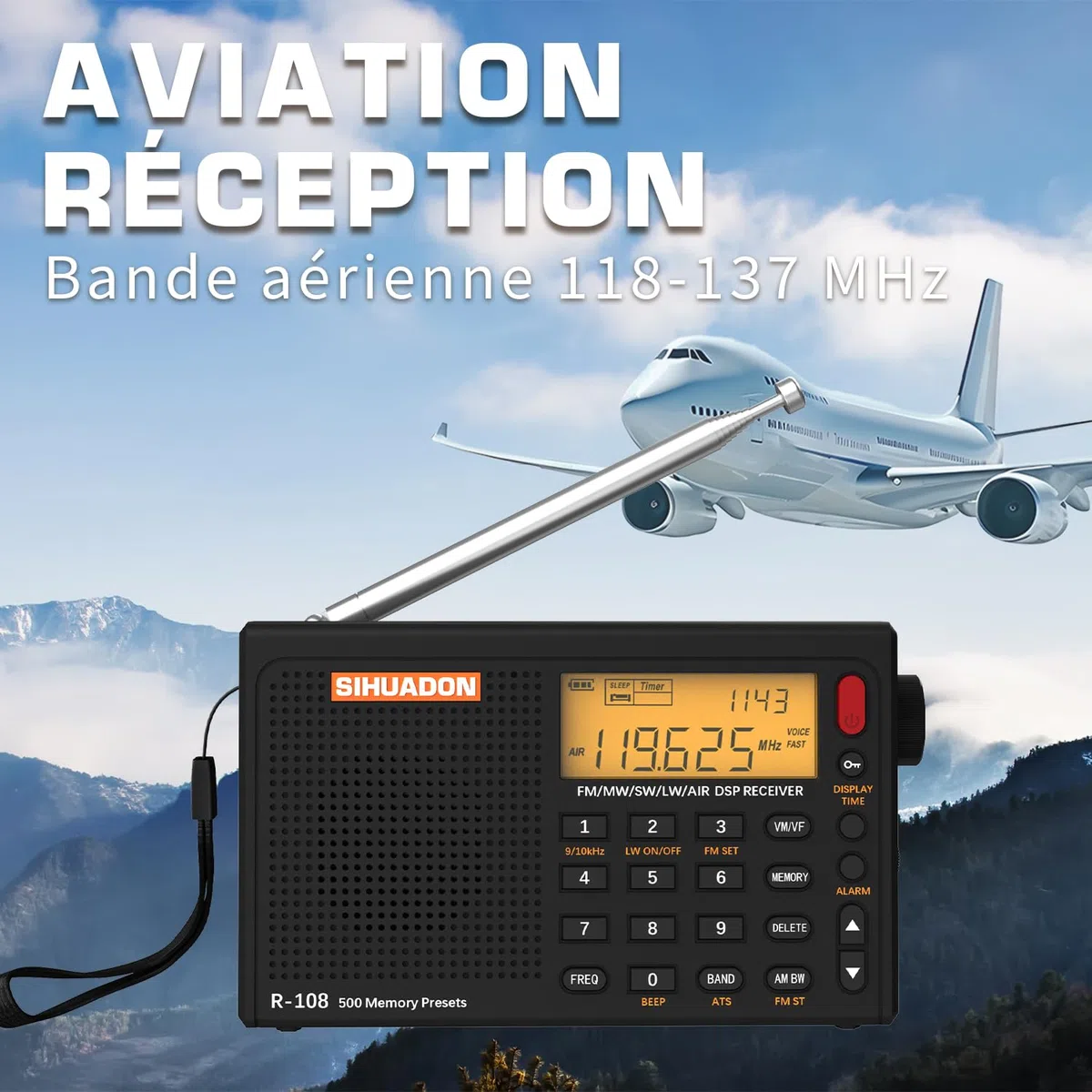Radio Portable SIHUADON R108 FM AM MW SW Multibande Poste Radio à Ondes avec Affichage du Temps de Parole Fort RéTro-éClairage NuméRique Alarme Noir