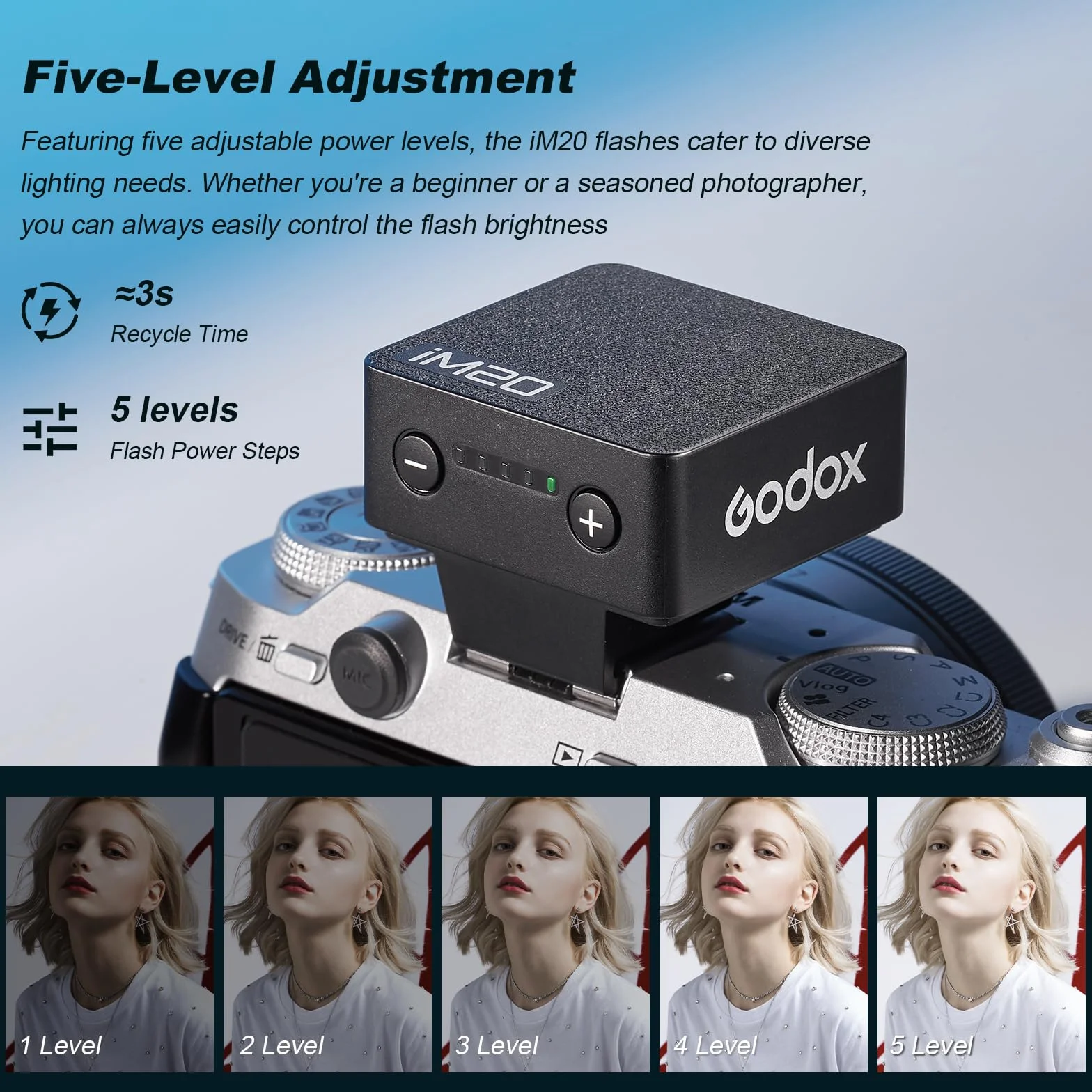 GODOX iM20 Mini Flash pour Appareil Photo, 5 Niveaux de Puissance, 6000 K ± 200 K avec dôme de Diffusion