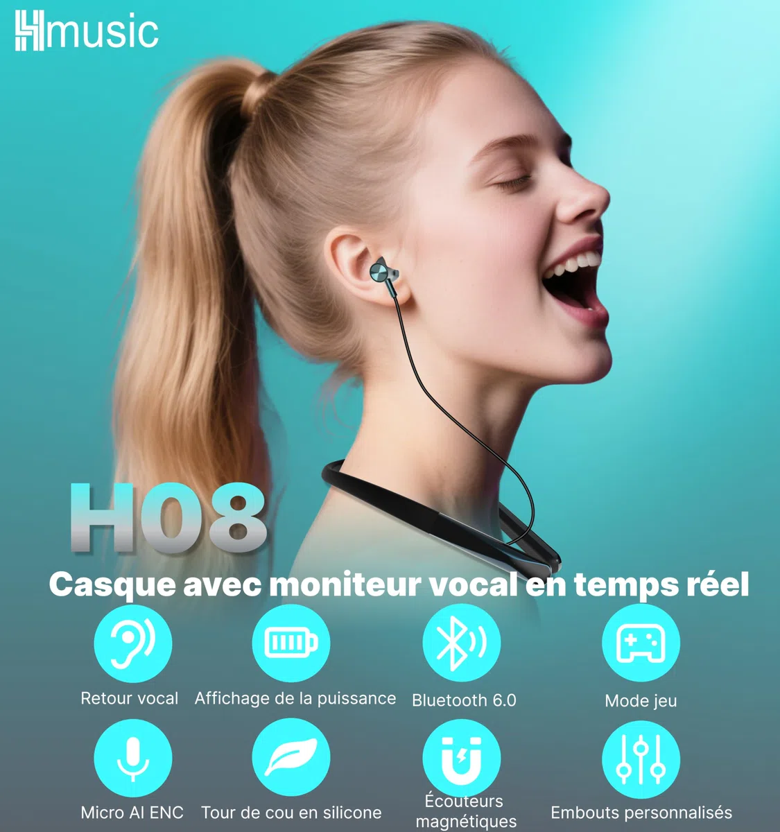 Hmusic H08 Casque Tour de Cou Bluetooth 6.0 sans Fil | Retour audio en temps réel, 35H Autonomie, IPX5 étanche, Affichage Numérique LED, Écouteurs magnétiques