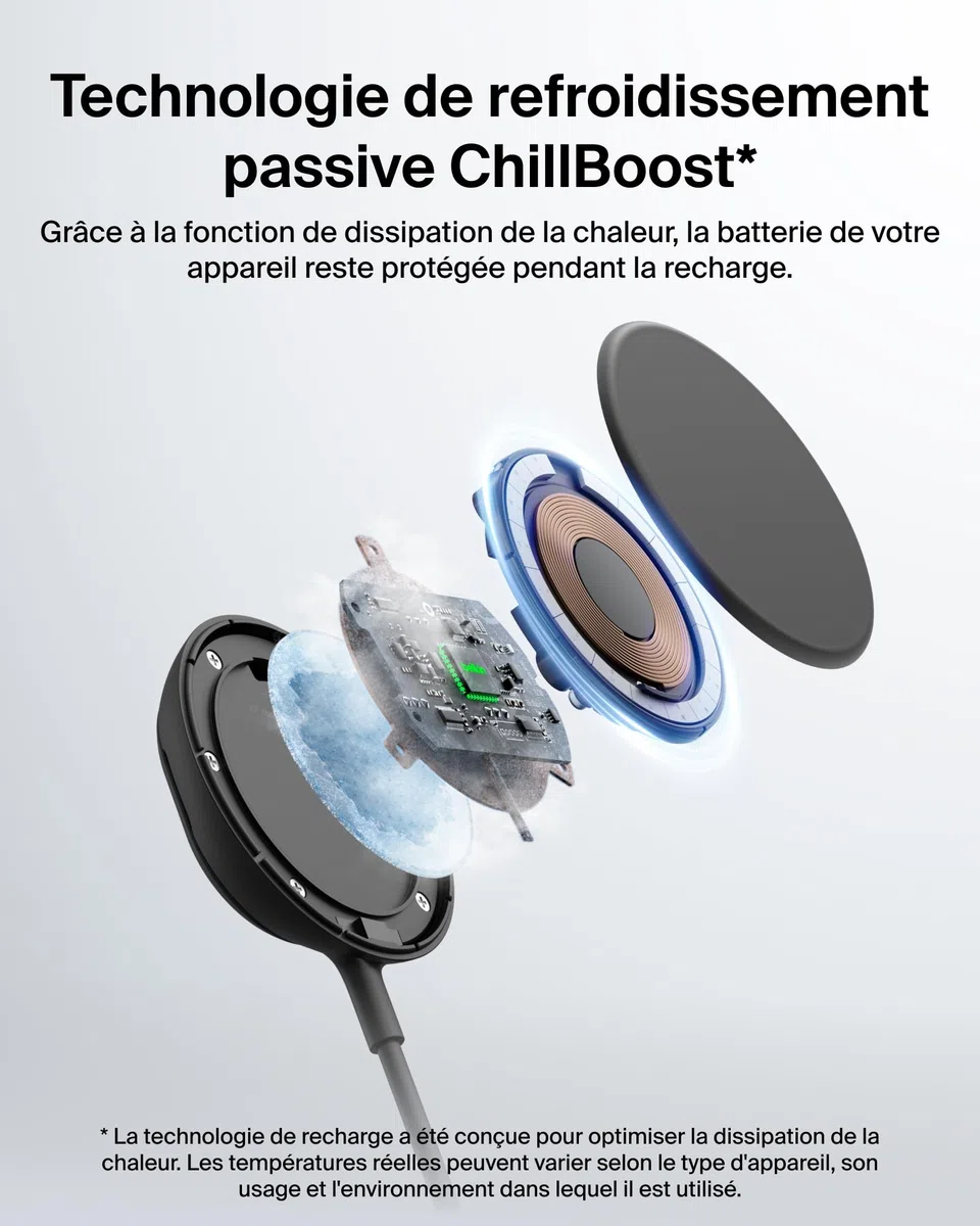 Belkin UltraCharge Chargeur Magnétique Qi2 25 W, Chargeur sans Fil Rapide, MagSafe avec Technologie De Refroidissement Passive, Support pour L'iPhone 17 (Tous Modèles), Pixelsnap, AirPods Pro - Noir