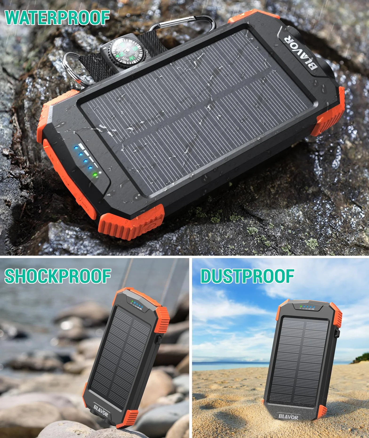 BLAVOR Batterie Externe Solaire 10000 mAh Qi Chargeur Rapide sans Fil pour l'extérieur Portable Power Bank Chargeur Solaire avec Panneau Solaire USB C Entrée pour téléphone Portable, Tablette