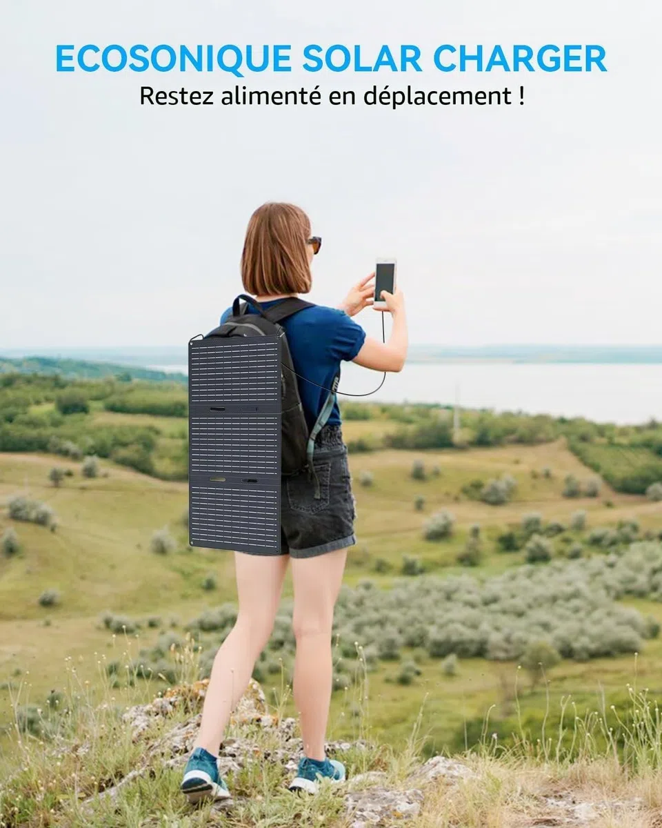 Ecosonique Panneau Solaire Pliable 30W Chargeur Solaire USB-A USB-C (5V3A) | Chargeur Solaire Pliable pour Téléphone Portable Appareil, Station d'alimentation pour le Camping, Compatible étanche IP67