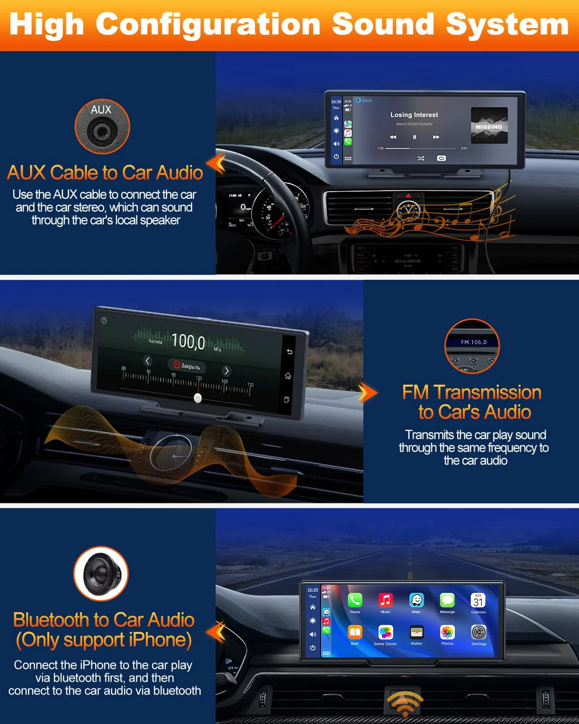 Volam 9.26 Pouces Ecran Carplay Voiture avec Carplay sans Fil Android Auto, Ecran Tactile, iOS Lien Miroir, GPS Navigation, Siri, G00gle Assistant Vocal, Bluetooth 5.0, Aux, FM