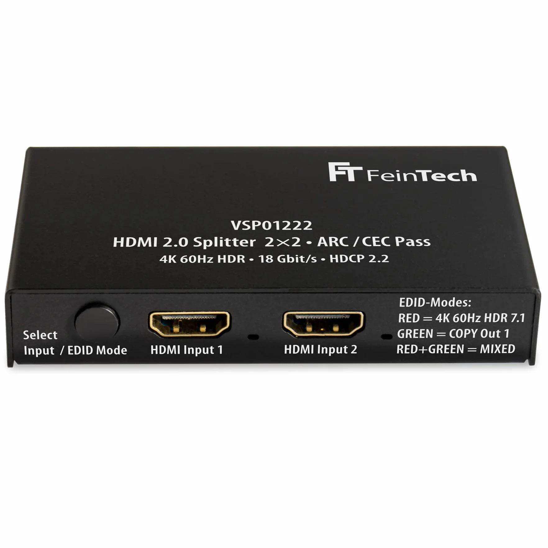 FeinTech VSP01222 Répartiteur HDMI 2.0 2 entrées 2 Sorties Scaler Arc-Pass pour récepteur AV 4K 60Hz HDR