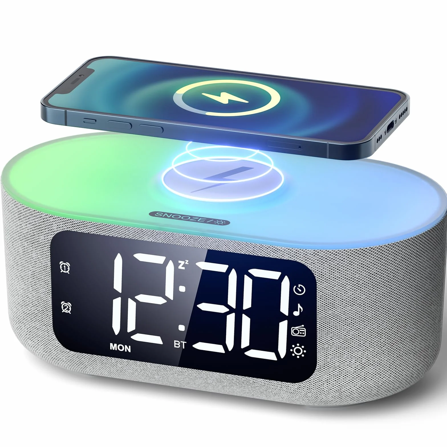 LIORQUE Radio Réveil Bluetooth avec Chargement sans Fil Qi 15W, Réveil Connecté avec Écran LED et 5 Luminosités Réglage, Auto Dimmer, 2 Alarms, Mode Week-End, Sommeil Sonore, Affichage Semaine