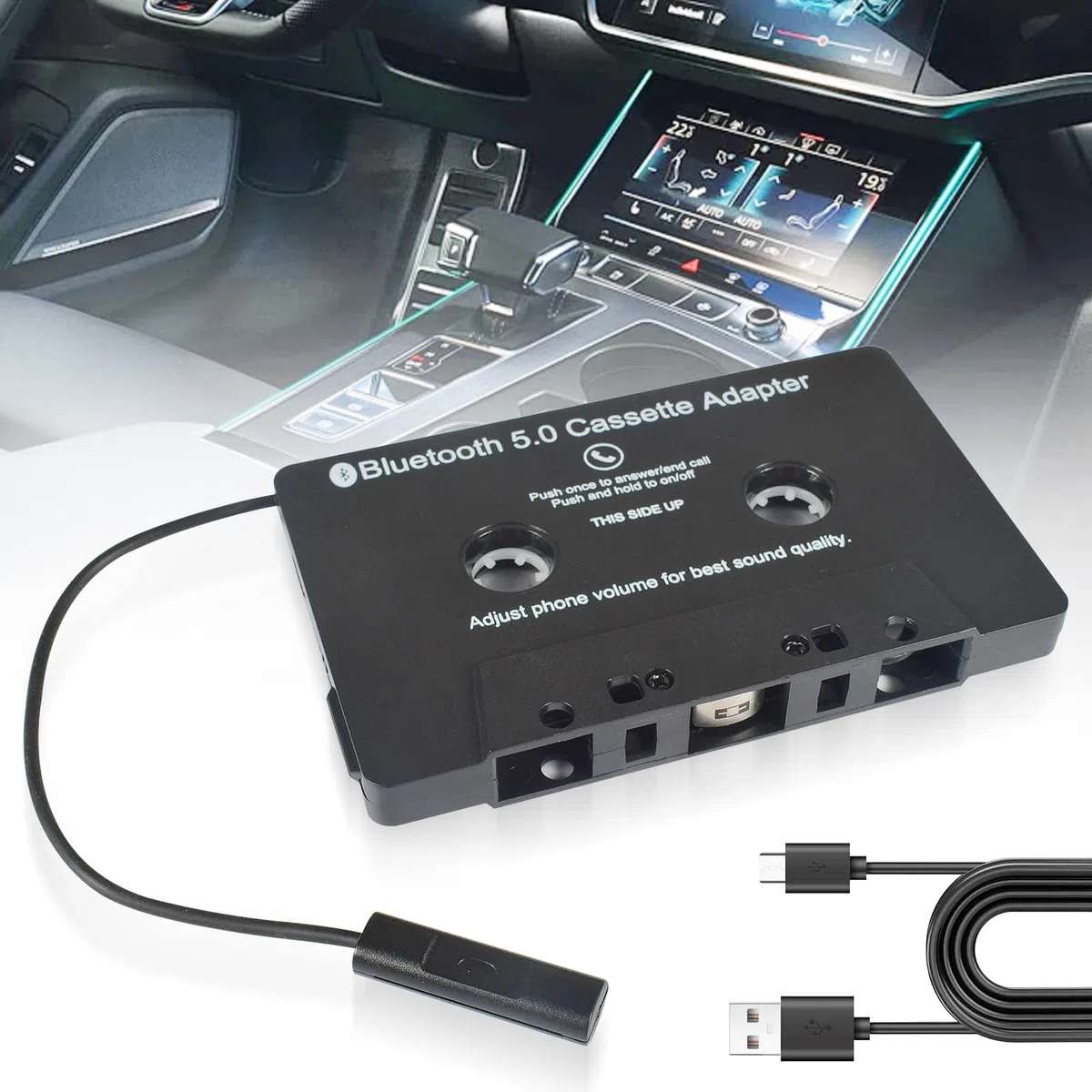 Funmo Adaptateur de Cassette Audio pour Voiture, récepteur de Cassette Bluetooth 5.0, Adaptateur auxiliaire de Cassette Audio pour écouter la Musique du téléphone Portable et la Voix de la Voiture