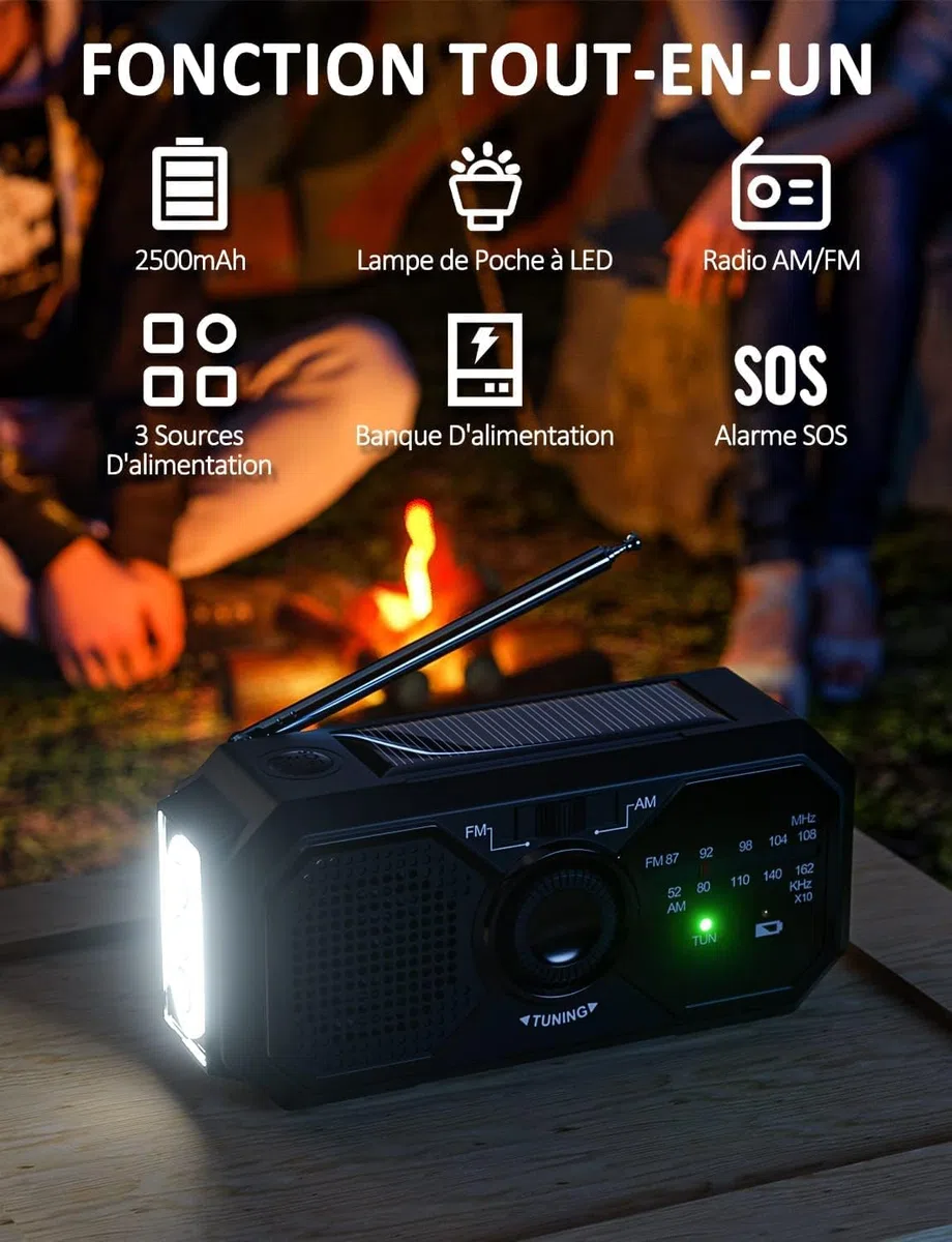 UOHHBOE Radio Portable Manivelle Radio Solaire Survie AM/FM Petit Dynamo USB-C 2500mAh Rechargeable avec Lampe de Poche LED Alarme SOS Boussole pour Urgence Extérieure Randonnée Camping