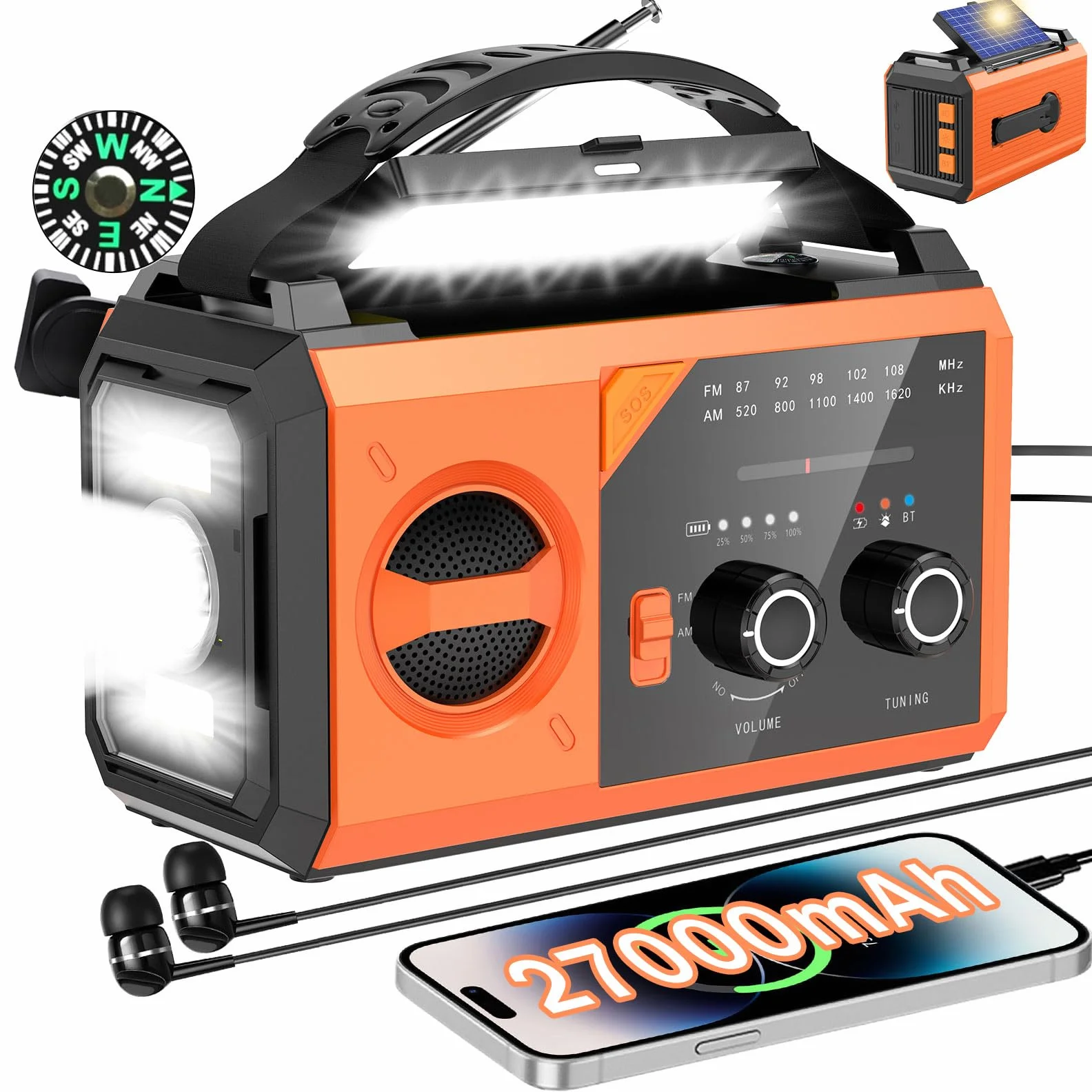 27000mAh Bluetooth Radio Solaire, Batterie Externe Solaire Radio AM/FM 3 Façons de Charger 8 en 1 Radio Portable d'urgence, SOS, Lampe de Poche, Boussole, Lampe de Lecture, Prise Casque