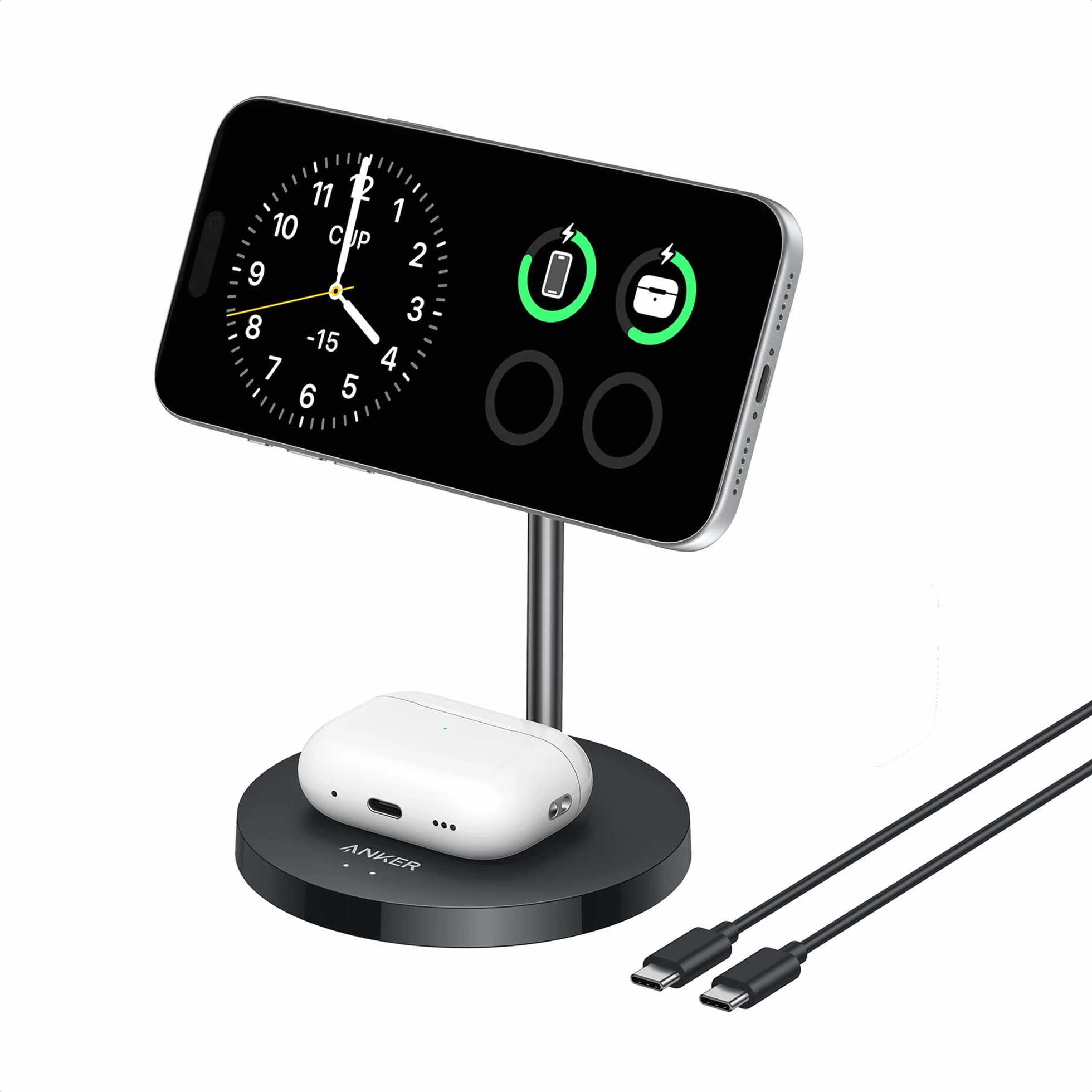 Anker Chargeur Induction iPhone Qi2, Chargeur sans Fil MagSafe 15W, Support 2 en 1 Ajustable pour iPhone 17/16/15/14/13/12 et AirPods, Ultra Rapide (Câble USB C 1.5m Inclus)