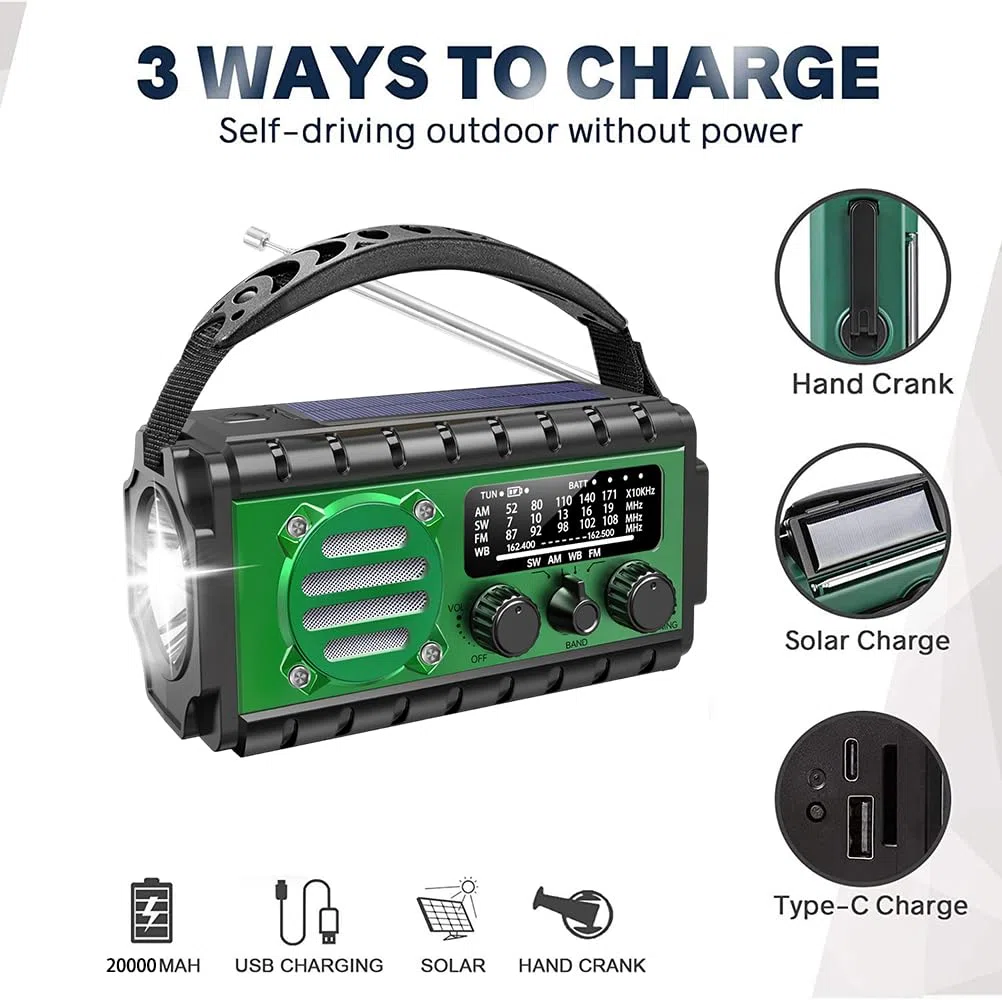 Radio Dynamo Survie 20000mah Lampe Dynamo Survie SW/AM/FM Grande Batterie, Portable Charge de Téléphone Portable, SOS, Lampe de Poche Radio Manivelle Survie pour Urgence/Maison （Vert）