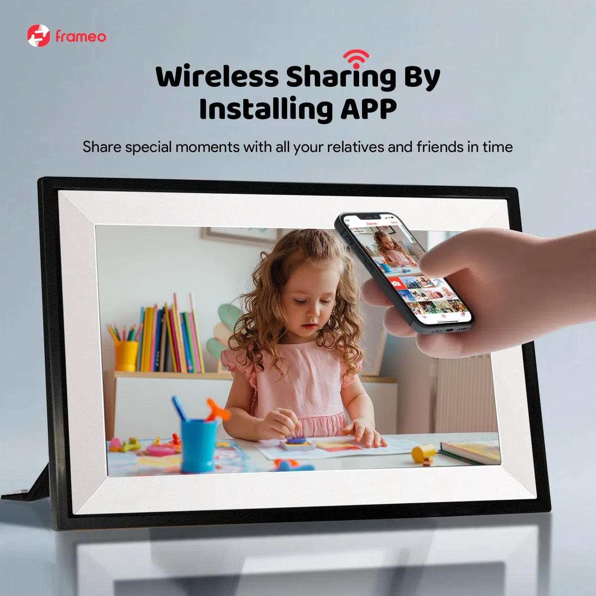 Frameo Cadre Photo Numérique WiFi 10,1 Pouces, Mémoire 32 Go, HD 1280x800 IPS Écran Tactile, Auto-Rotation Support Multilingue, Montage Mural, Partage de Photos Vidéos Via Frameo APP
