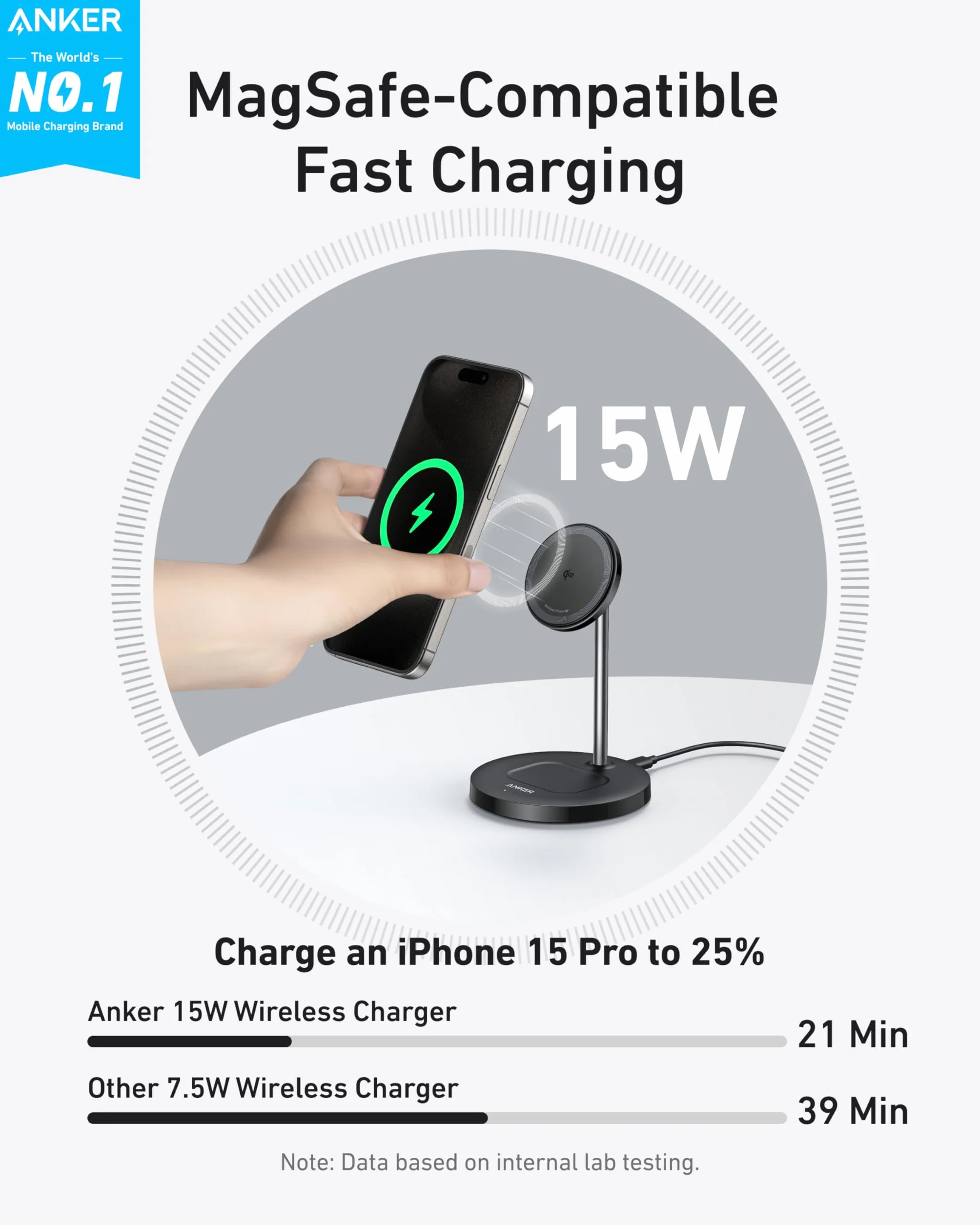 Anker Chargeur Induction iPhone Qi2, Chargeur sans Fil MagSafe 15W, Support 2 en 1 Ajustable pour iPhone 17/16/15/14/13/12 et AirPods, Ultra Rapide (Câble USB C 1.5m Inclus)
