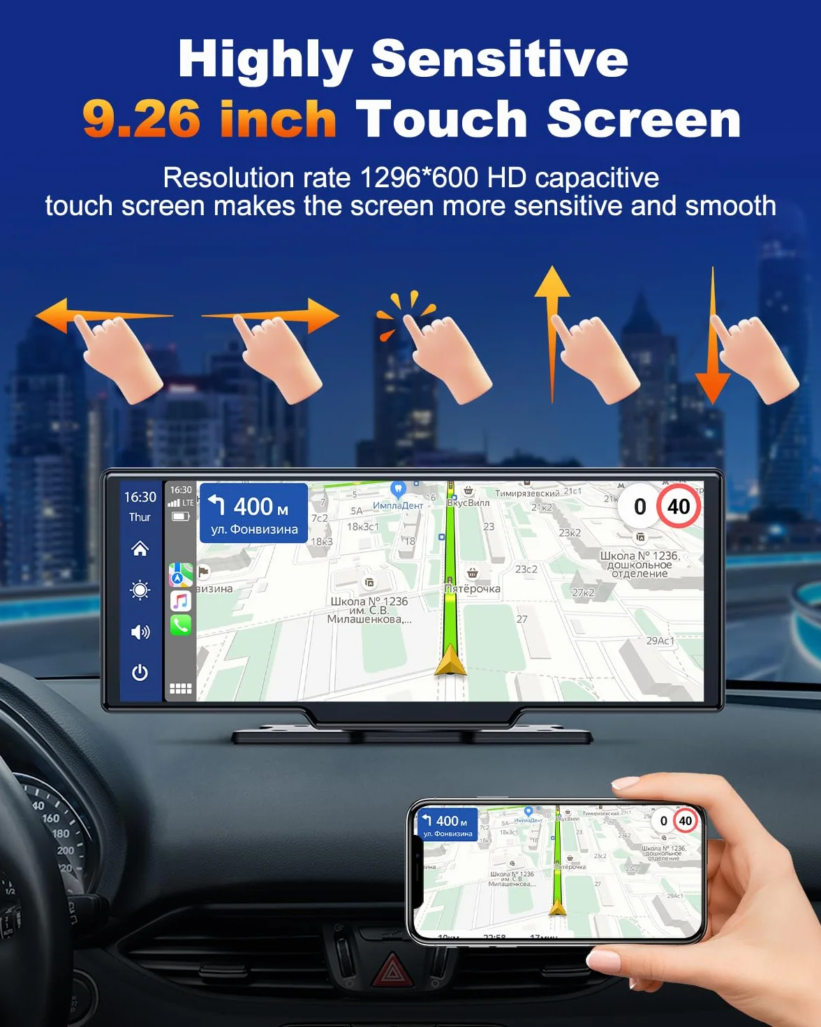 Volam 9.26 Pouces Ecran Carplay Voiture avec Carplay sans Fil Android Auto, Ecran Tactile, iOS Lien Miroir, GPS Navigation, Siri, G00gle Assistant Vocal, Bluetooth 5.0, Aux, FM