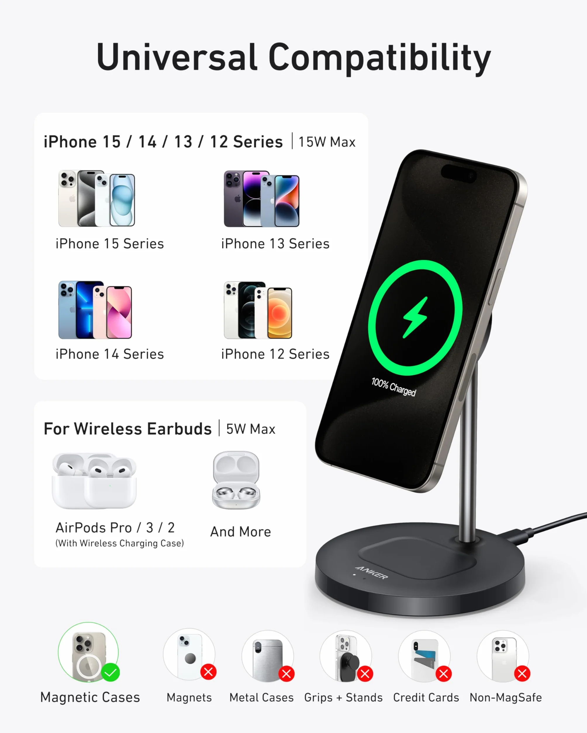 Anker Chargeur Induction iPhone Qi2, Chargeur sans Fil MagSafe 15W, Support 2 en 1 Ajustable pour iPhone 17/16/15/14/13/12 et AirPods, Ultra Rapide (Câble USB C 1.5m Inclus)