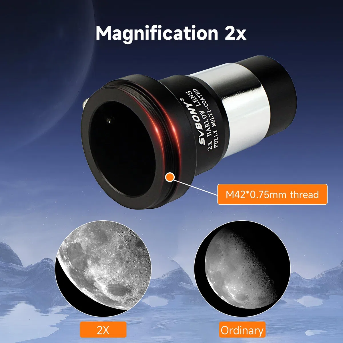 Svbony Oculaire de télescope 40 mm, oculaire Plossl 40 degrés FMC avec filtre et lentille de Barlow 2 x filetage pour l'observation planétaire de la lune