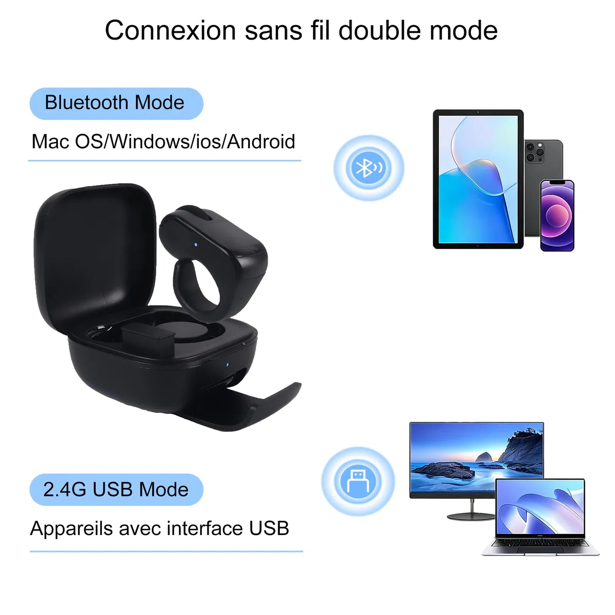 Tiktok Souris à Anneau Défilant avec Pavé Tactile, Mini Bluetooth Portable Rechargeable avec étui de Chargement, Télécommande pour Photo/Vidéo/App Kindle/PPT, pour PC Computer Smartphone Tablette-Noir
