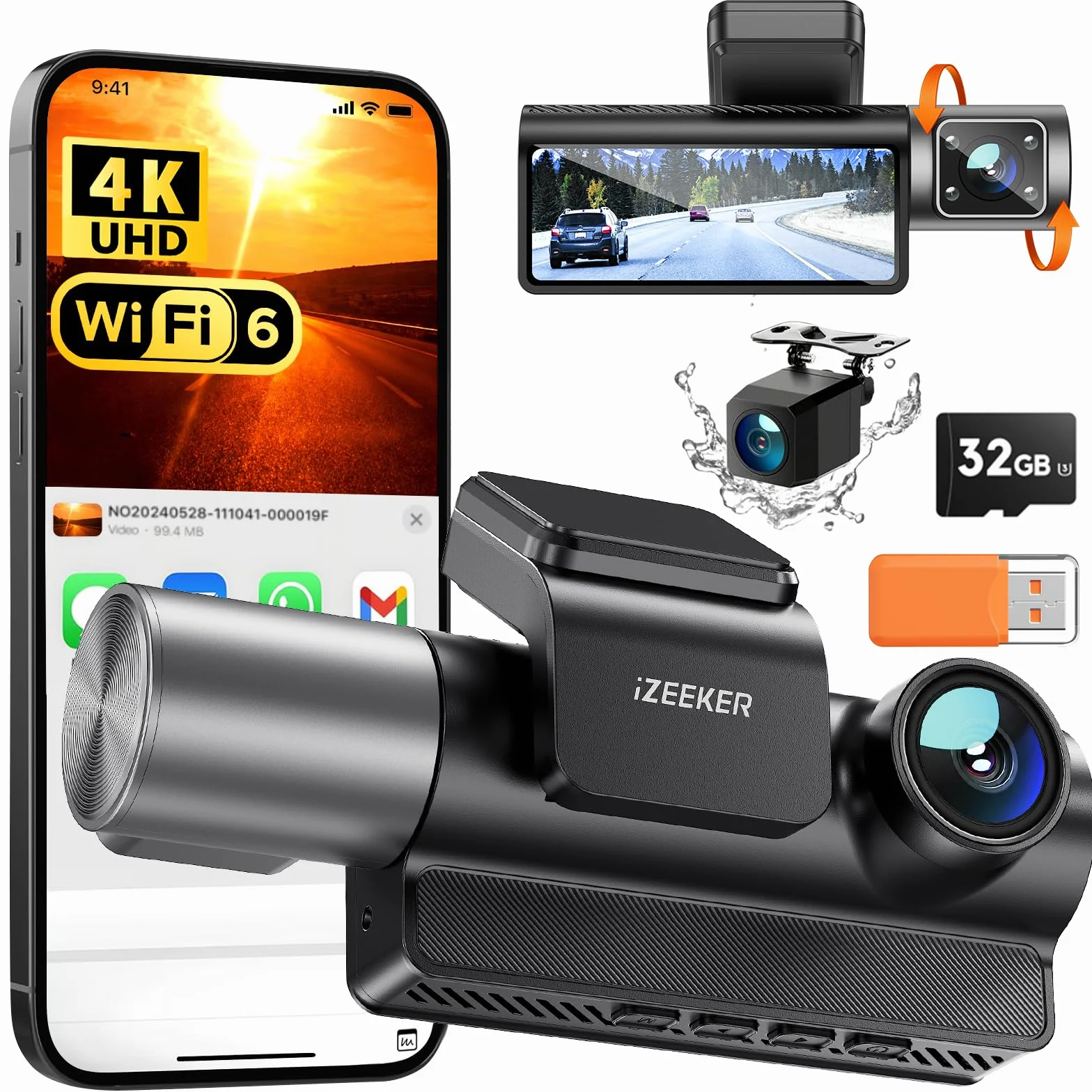 iZEEKER Dashcam Voiture 3 Canaux 4K avec Carte SD 32 Go, 4K+1080P+1080P Avant, Arrière et Intérieur, WDR, Vision Nocturne IR, WiFi 6, 170°, Enregistrement Boucle, Capteur G, Mode Parking 24H