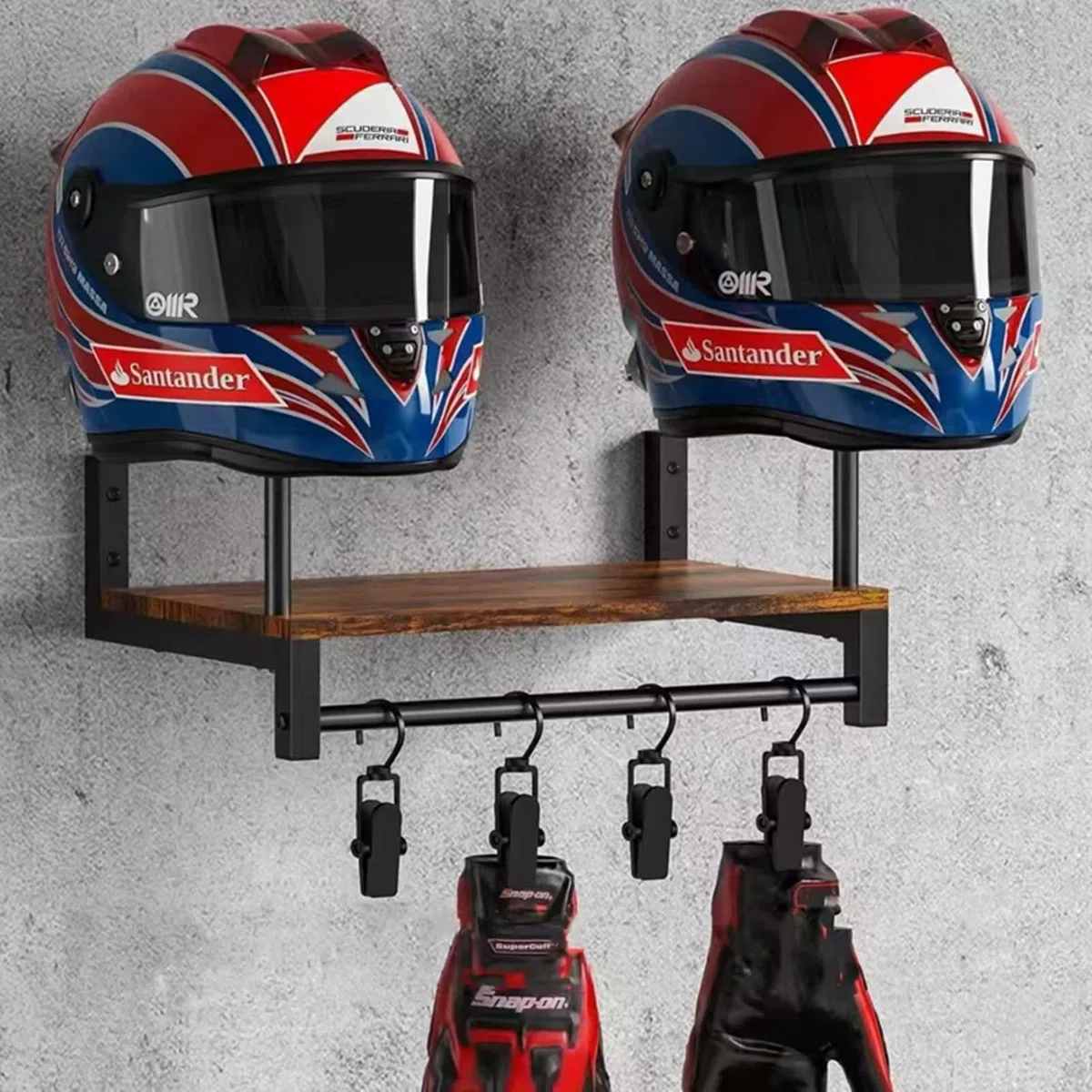 Support mural pour casque moto rétro, porte-casque en bois et métal avec 4 clips de suspension, peut accrocher 2 casquettes – rangement pour veste, gilet tactique