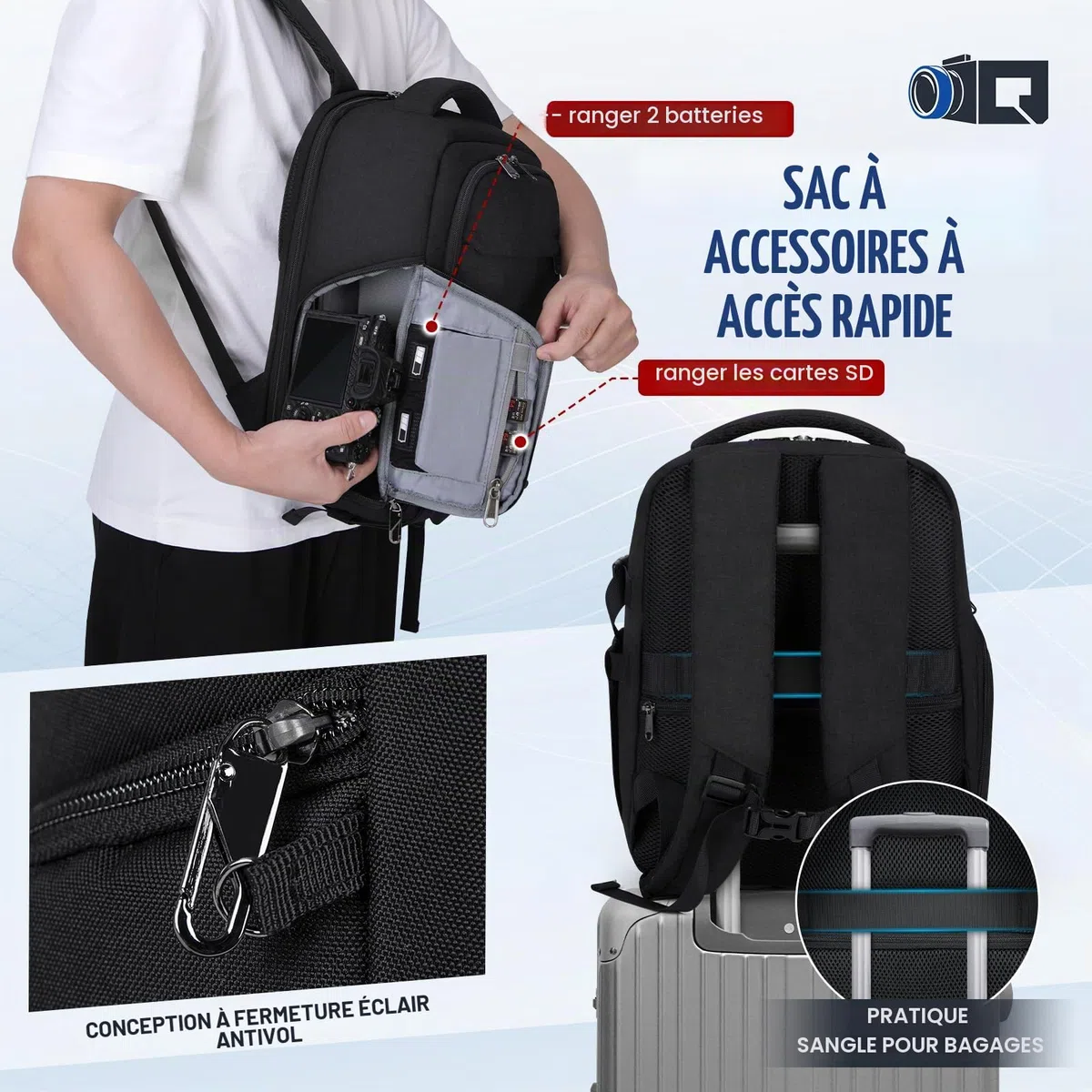 RAINSMORE Sac a Dos Photographe Sacoche Appareil Photo Professionnel Compartiment Ordinateur 14 Pouces Housse Pluie Sac Photo Reflex Numérique Compatible Canon Sony Noir