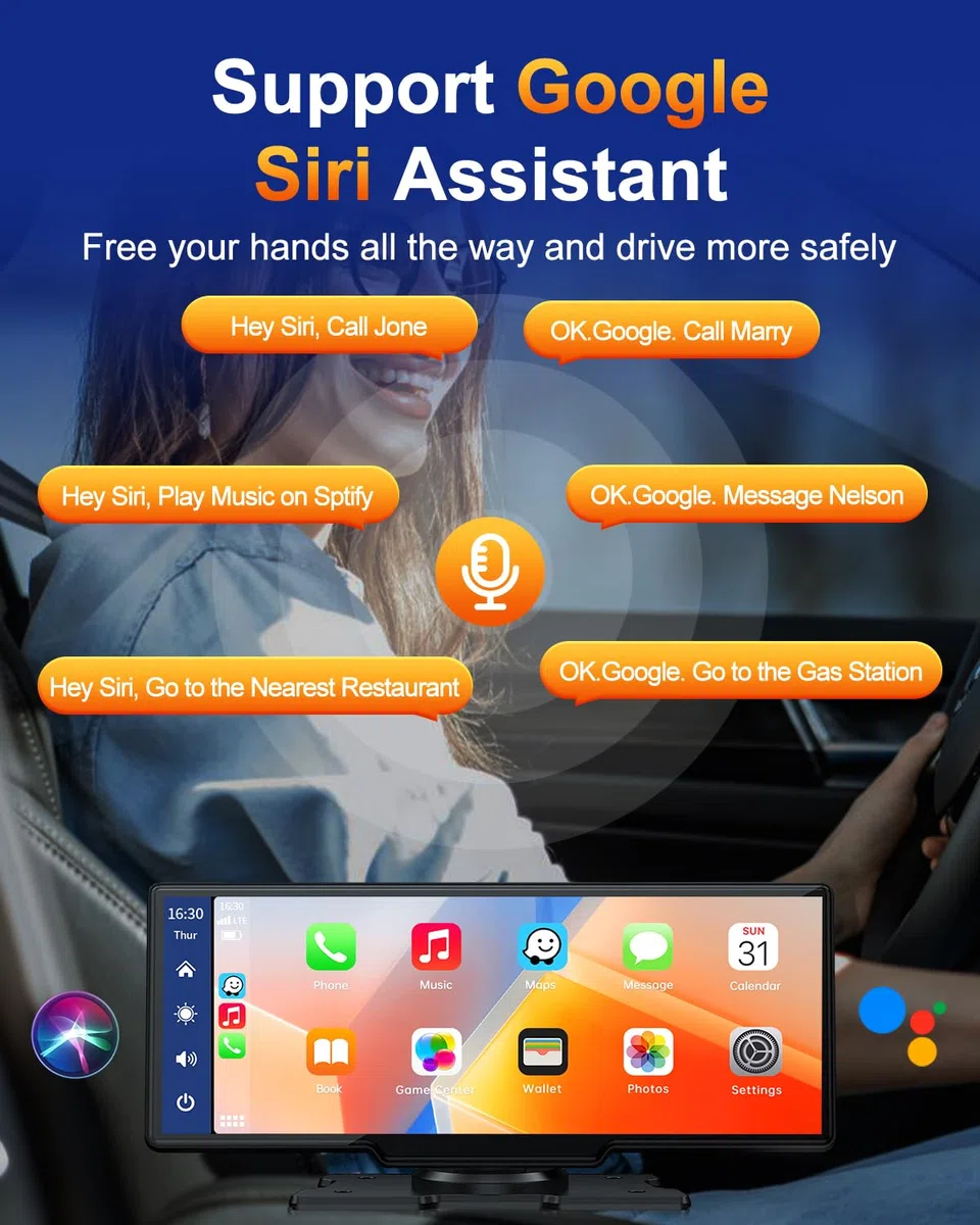 Volam 9.26 Pouces Ecran Carplay Voiture avec Carplay sans Fil Android Auto, Ecran Tactile, iOS Lien Miroir, GPS Navigation, Siri, G00gle Assistant Vocal, Bluetooth 5.0, Aux, FM