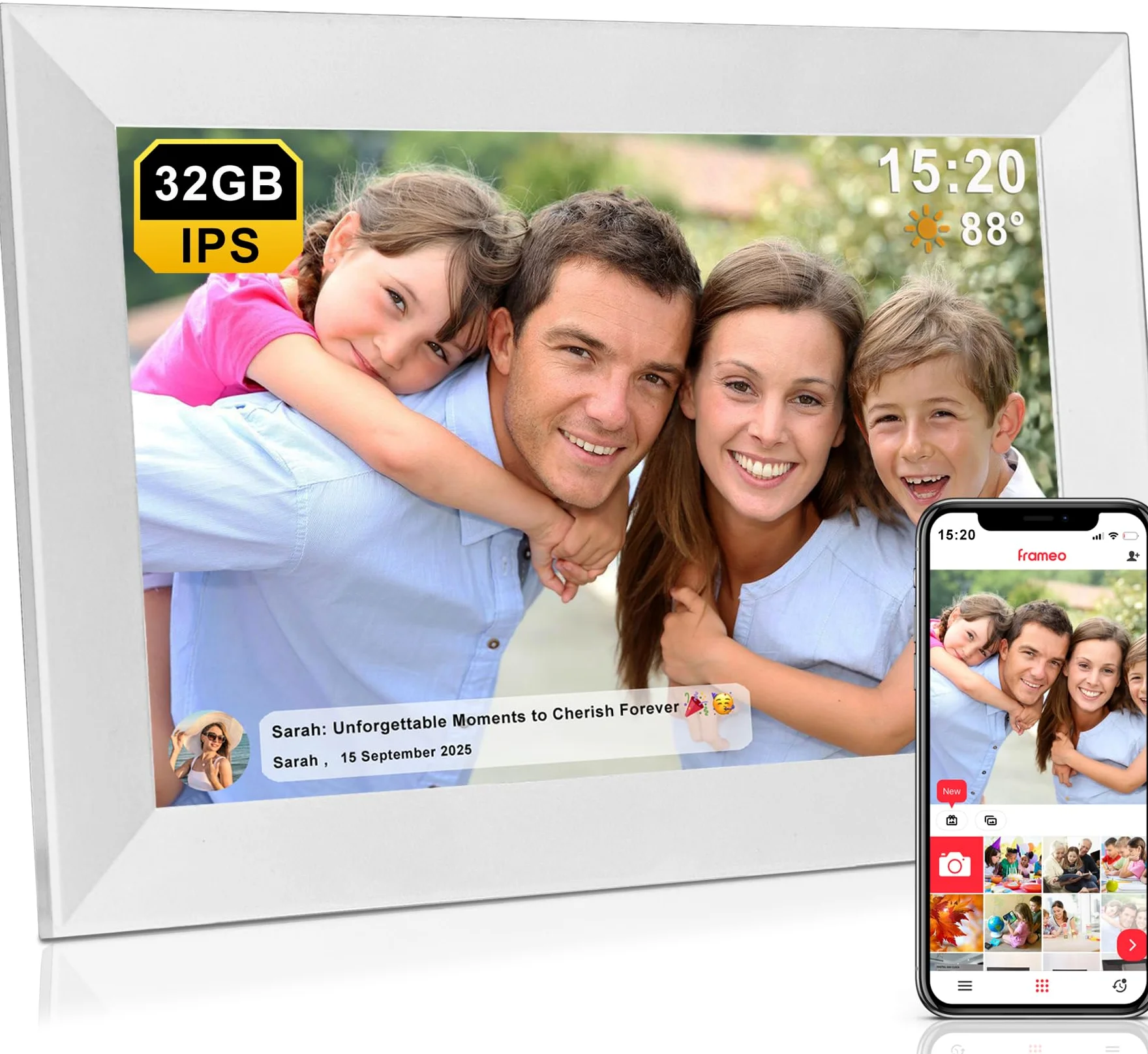 Frameo 32Go Cadre Photo Numérique WiFi 10,1 Pouces, Écran Tactile HD 1280x800 IPS pour Partager Photos et Vidéos, Support Multilingue, Rotation Automatique, Montage Mural (Blanc)