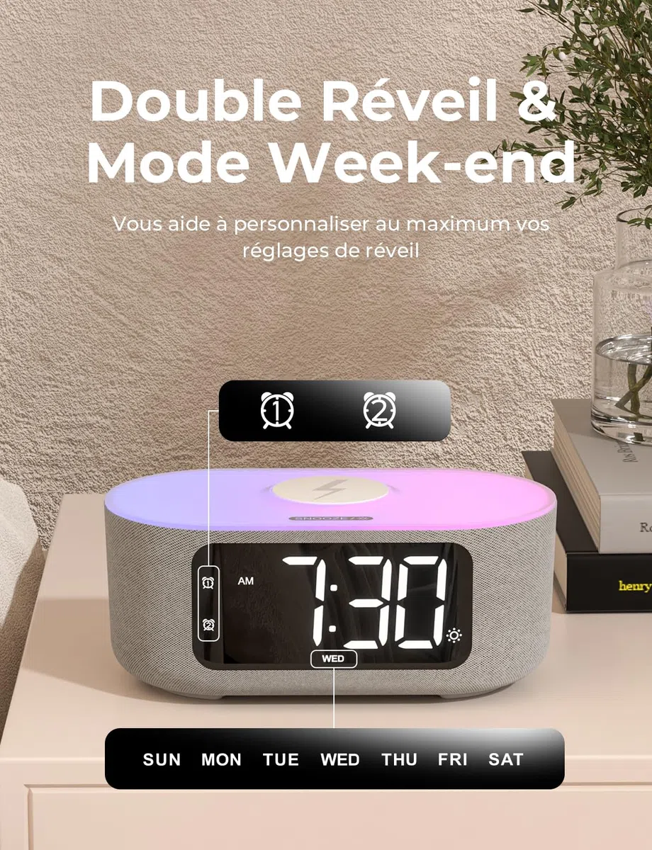 LIORQUE Radio Réveil Bluetooth avec Chargement sans Fil Qi 15W, Réveil Connecté avec Écran LED et 5 Luminosités Réglage, Auto Dimmer, 2 Alarms, Mode Week-End, Sommeil Sonore, Affichage Semaine