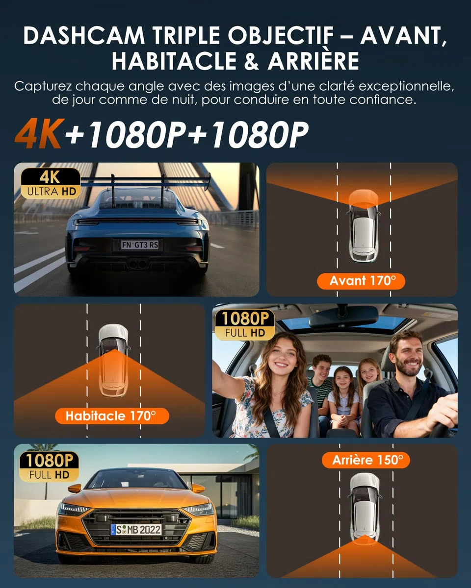 iZEEKER Dashcam Voiture 3 Canaux 4K avec Carte SD 32 Go, 4K+1080P+1080P Avant, Arrière et Intérieur, WDR, Vision Nocturne IR, WiFi 6, 170°, Enregistrement Boucle, Capteur G, Mode Parking 24H