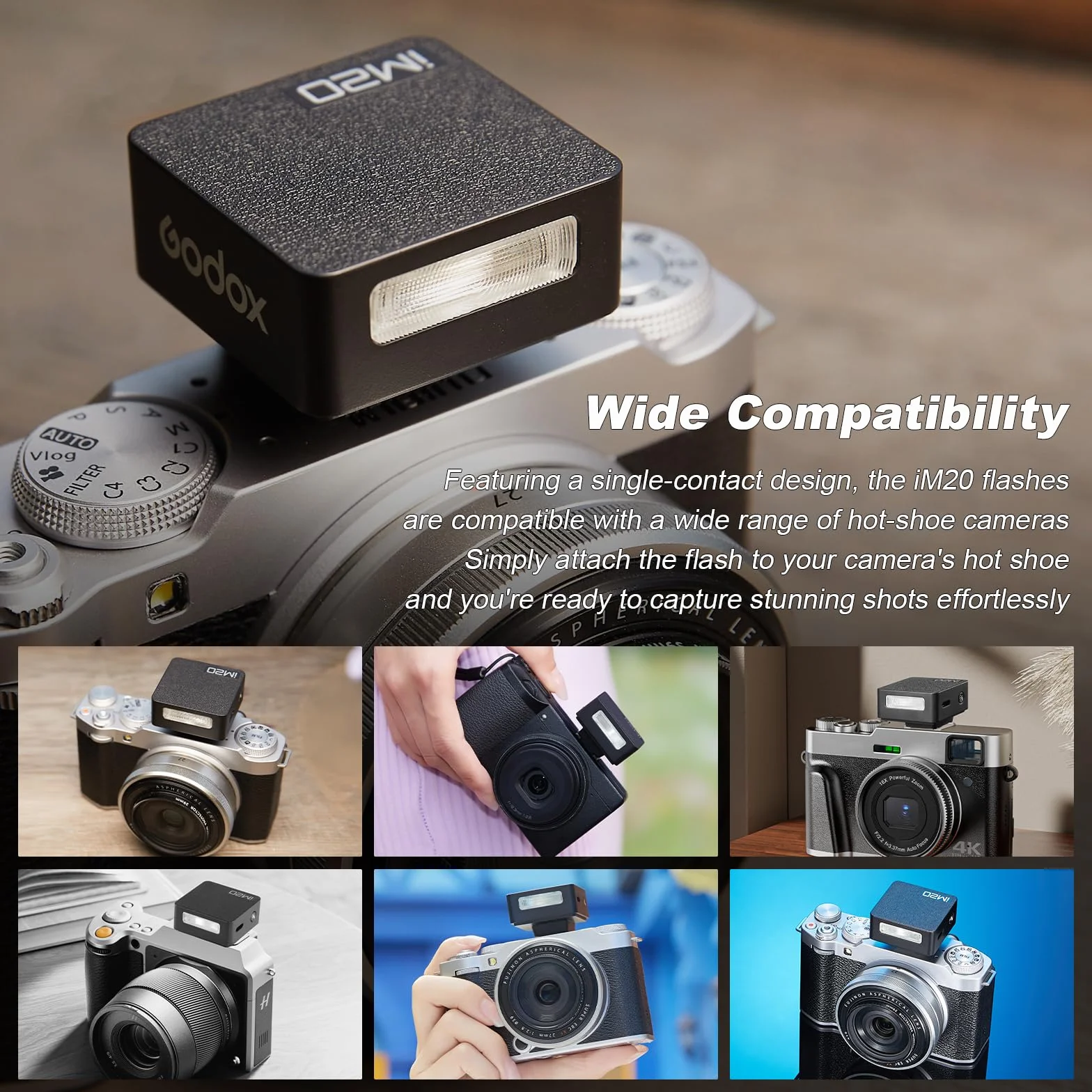 GODOX iM20 Mini Flash pour Appareil Photo, 5 Niveaux de Puissance, 6000 K ± 200 K avec dôme de Diffusion