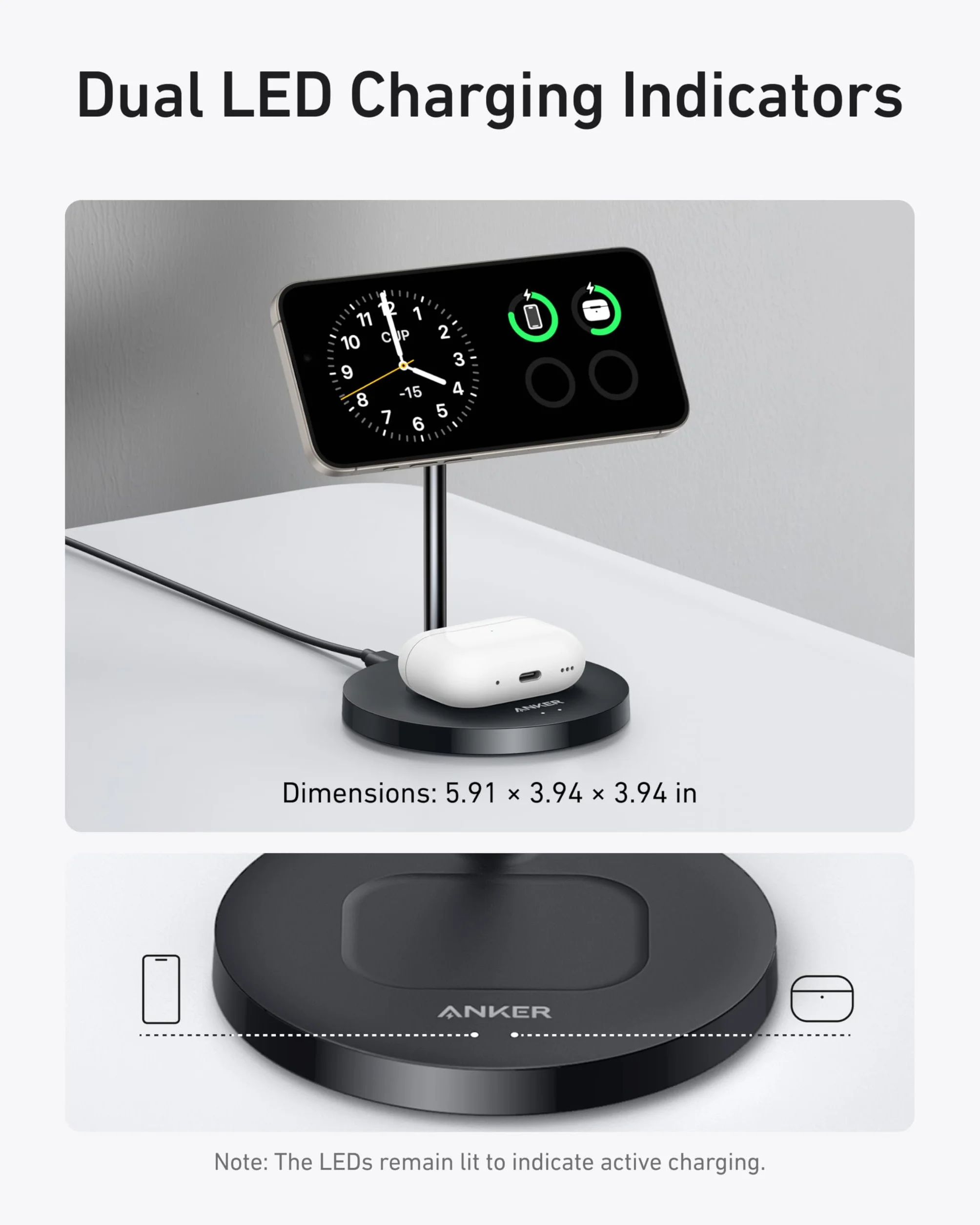 Anker Chargeur Induction iPhone Qi2, Chargeur sans Fil MagSafe 15W, Support 2 en 1 Ajustable pour iPhone 17/16/15/14/13/12 et AirPods, Ultra Rapide (Câble USB C 1.5m Inclus)