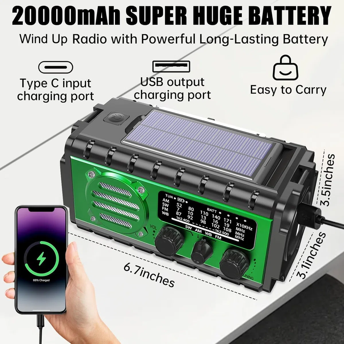 Radio Dynamo Survie 20000mah Lampe Dynamo Survie SW/AM/FM Grande Batterie, Portable Charge de Téléphone Portable, SOS, Lampe de Poche Radio Manivelle Survie pour Urgence/Maison （Vert）