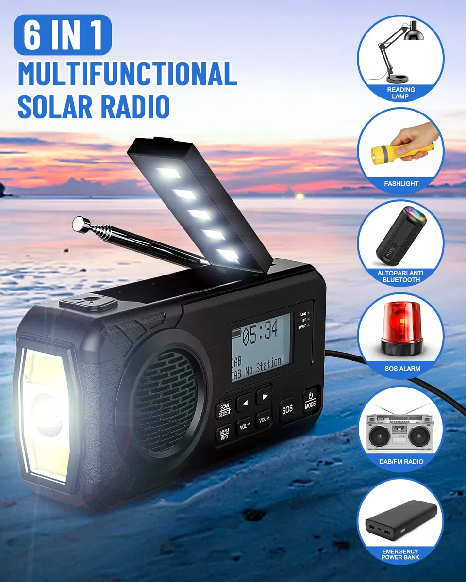 UOHHBOE Radio Solaire Dab/FM 5000mAh Radio Portables USB-C Rechargeable Dynamo Survie avec Manivelle Lampe Poche Lampe Lecture Alarme SOS pour Camping Randonnée Urgence